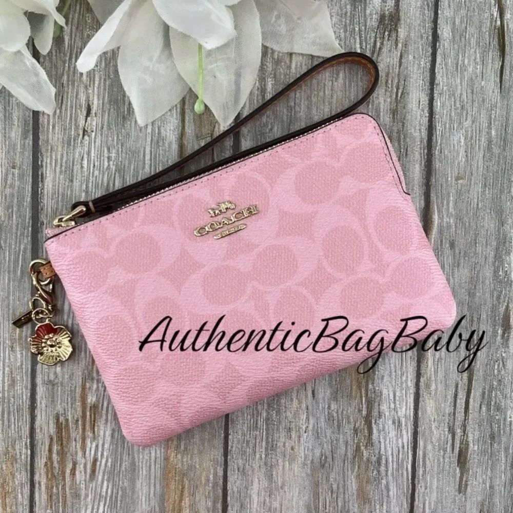 Coach Corner Zip Wristlet In Signature Canvas With Charms Purse Powder Pink